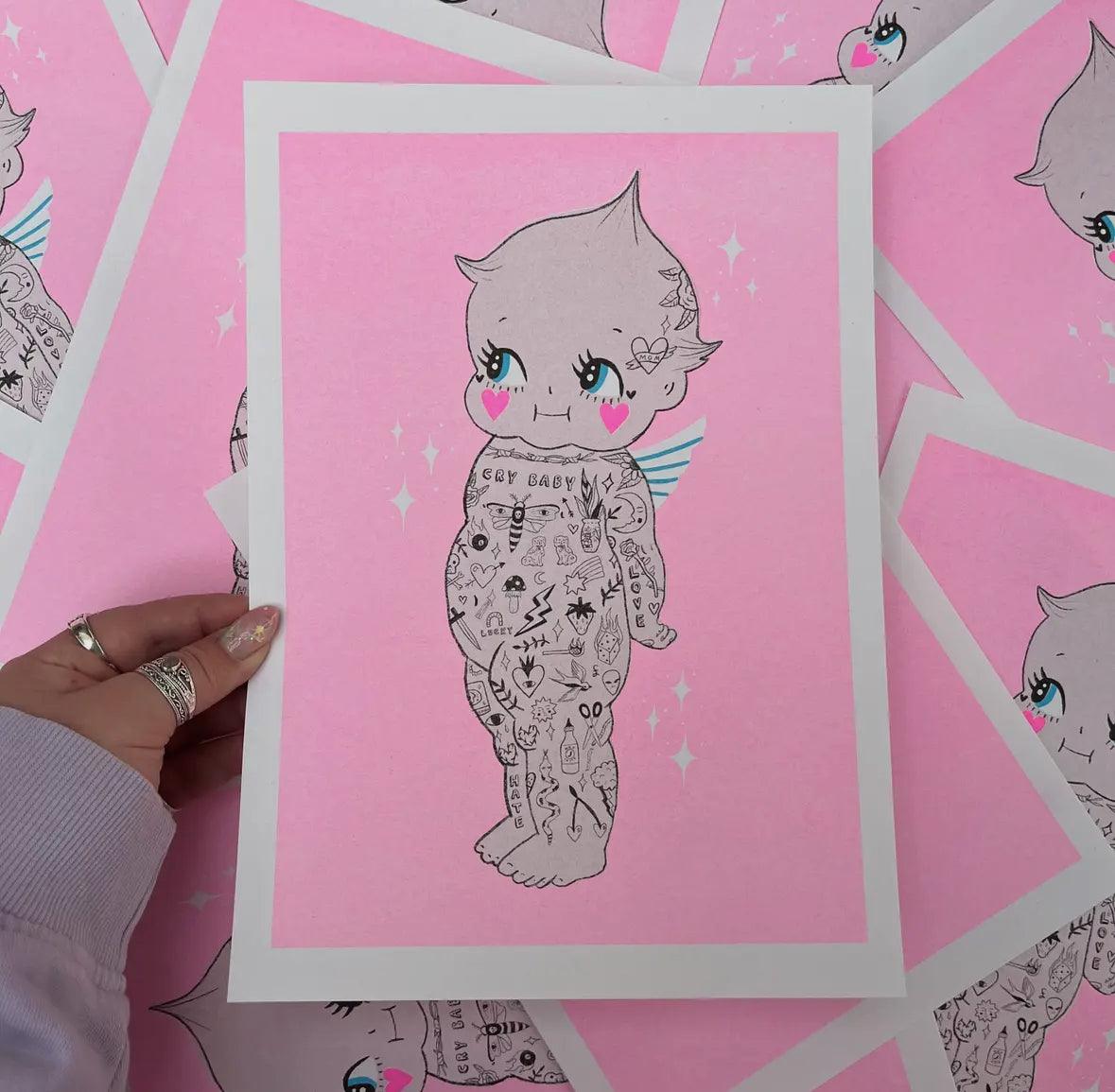 Tattooed Kewpie A4 Risograph Print Print Amy Hastings