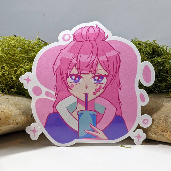 Anime Girl Drinking Boba Tea Kawaii Sticker - 3" - Bubble Wrapp Toys